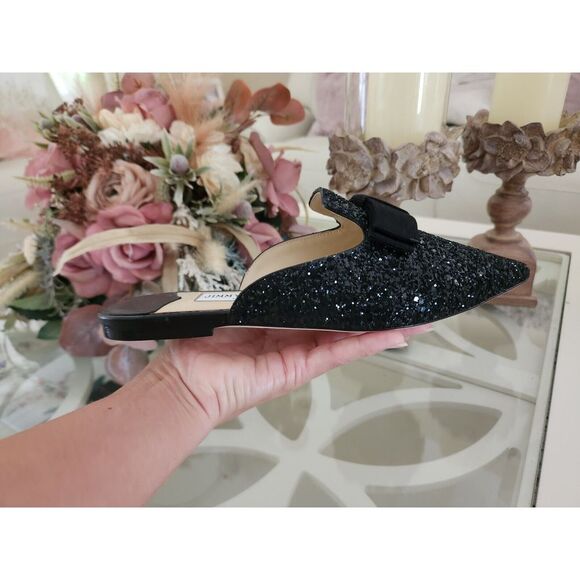 Jimmy Choo Women's Black Coarse Glitter Galaxy Mule Flats Shoes Size 37 - Picture 6 of 12